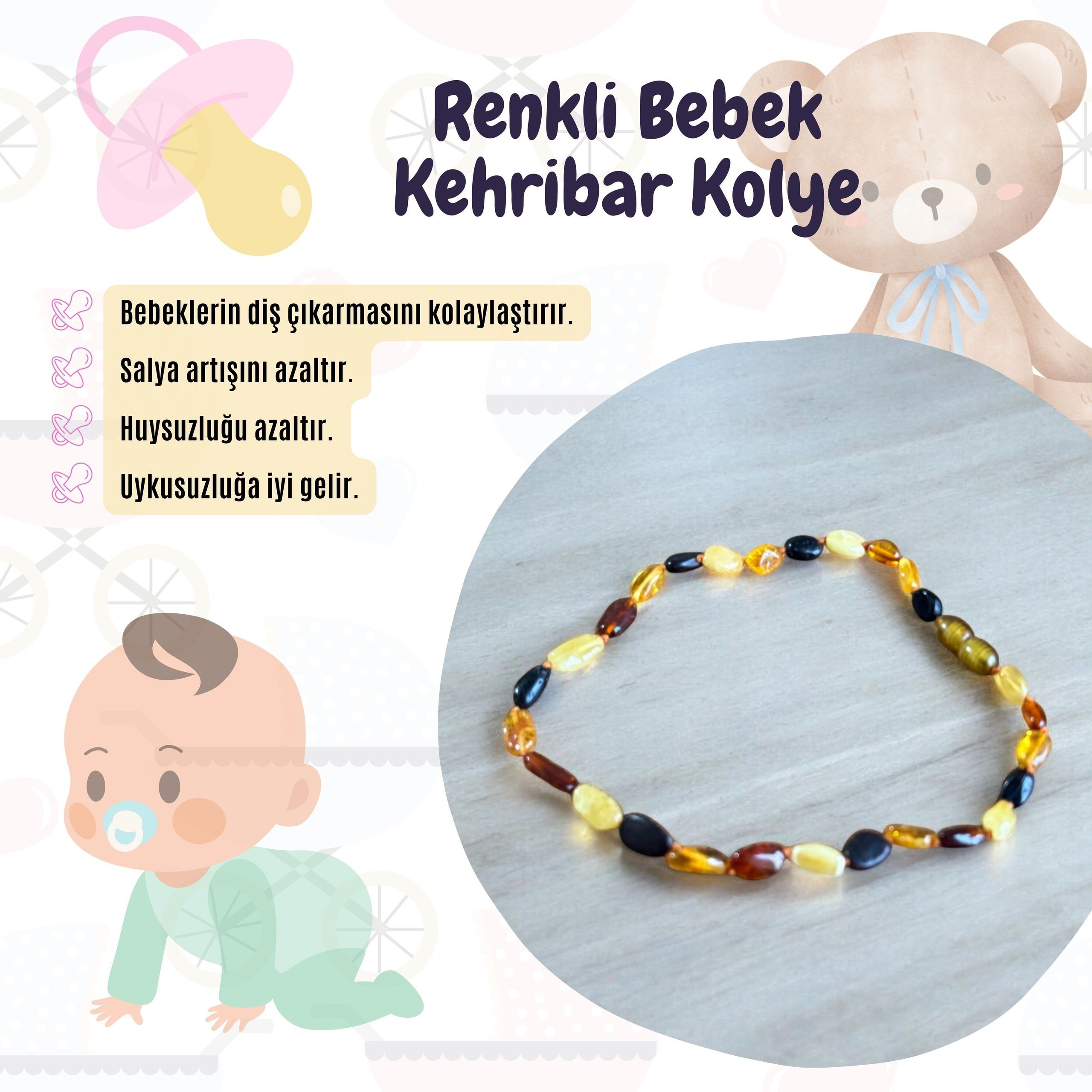 Renkli Bebek Kehribar Kolye %100 Orjinal Garantili