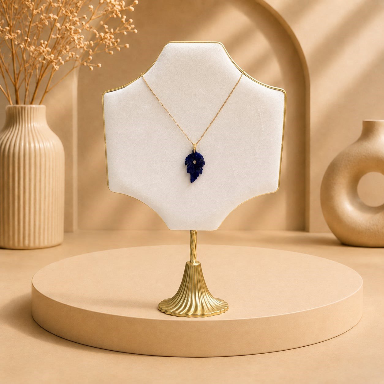 Yaprak Motifli Lapis Lazuli Kolye Ucu ve Çelik Zincir