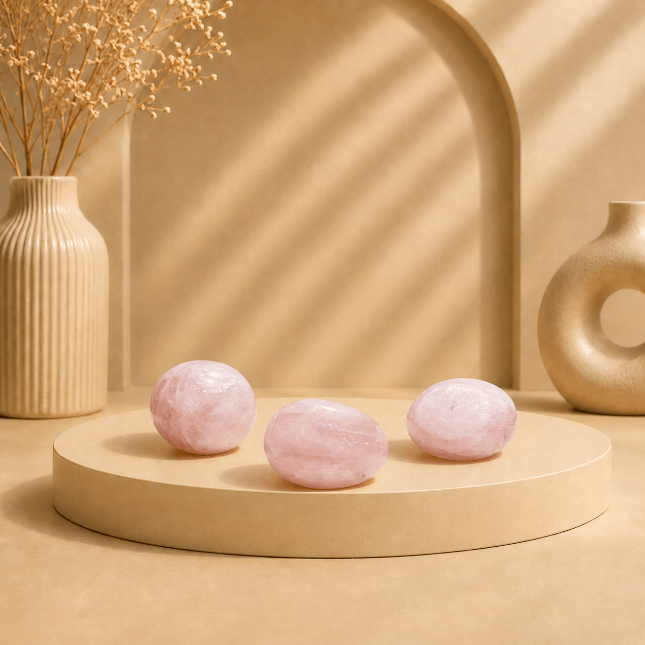 Yuvarlak Pembe Kuvars 3'lü Set 67,93 gr | Doğal Dekoratif Taş