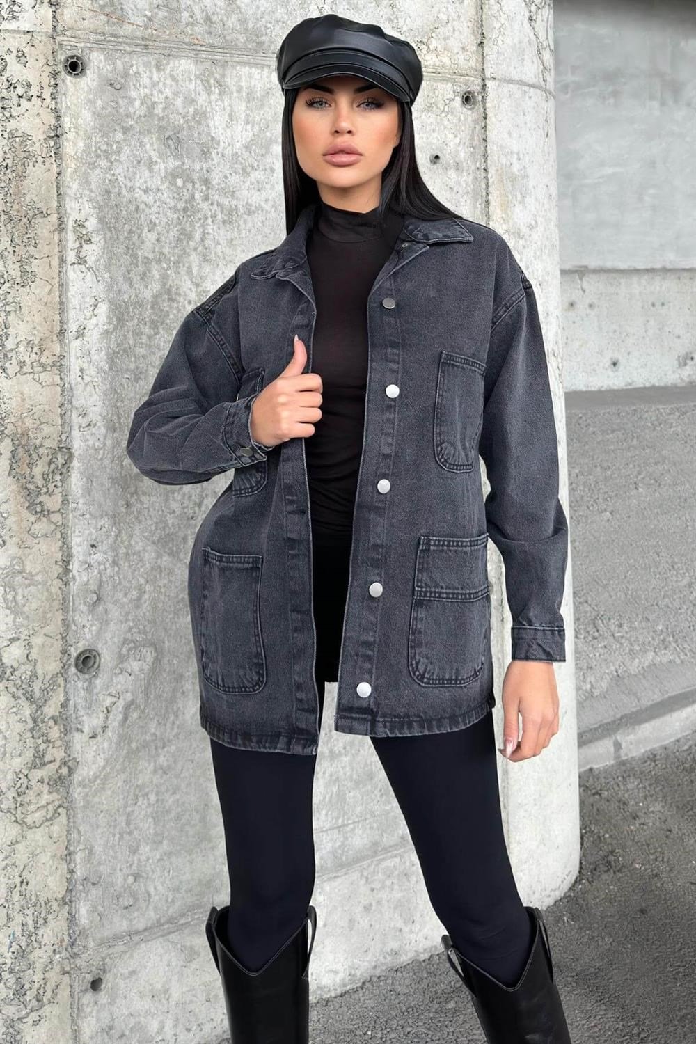 Antrasıt Geniş Cepli, Düğme Detaylı, Oversize Kot Ceket Gömlek