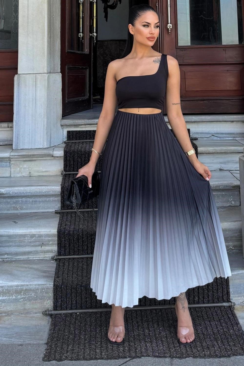 Kadın Gri & Siyah Ombre Desen, Pilili Maxi Etek