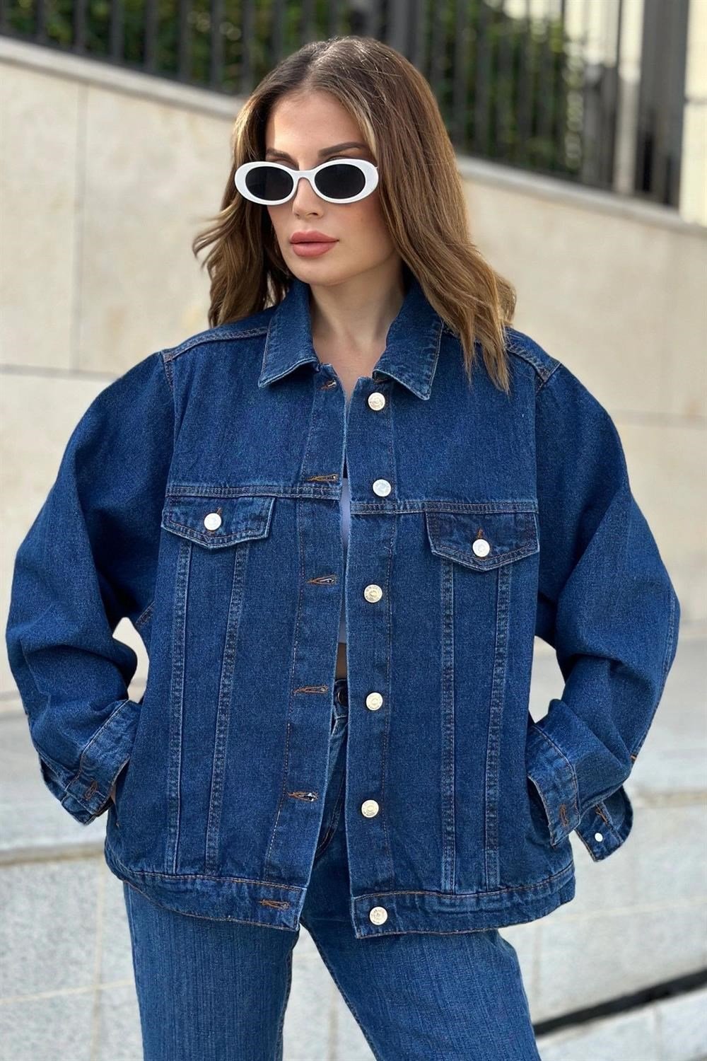 Kadın Laci Çift Cepli, Kaliteli Jeans Kumaş, Salaş Kot Ceket
