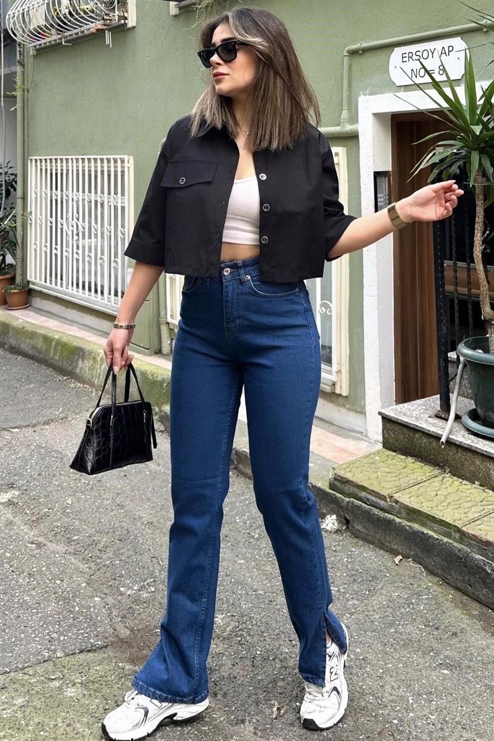 Kadın Laci Yırtmaçlı Bol Paça, Yüksek Bel, Rahat Kesim, Kot Pantolon - Jeans