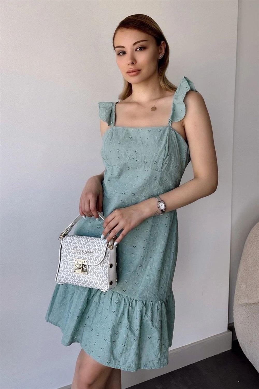 Kadın Mint İnce Askılı, Kare Yaka, Dantel/Güpür Desen, A-line Kalıp/Kesim, Midi Fisto Elbise