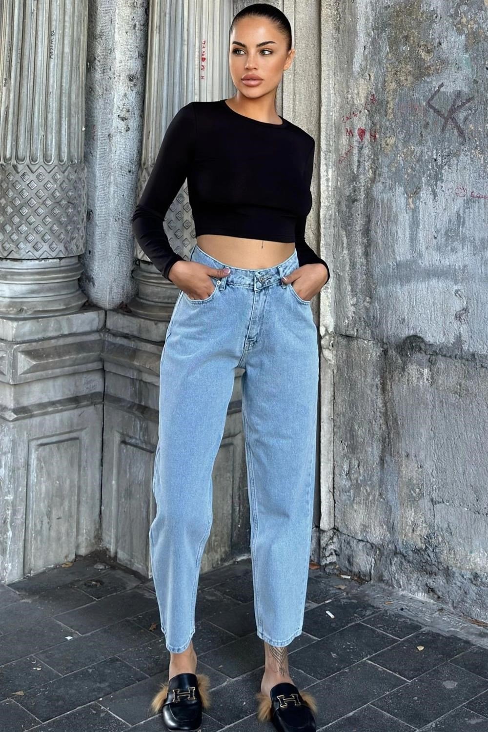 Kar Yıkama Mavi Yüksek Bel, Mom Jean Kot Pantolon