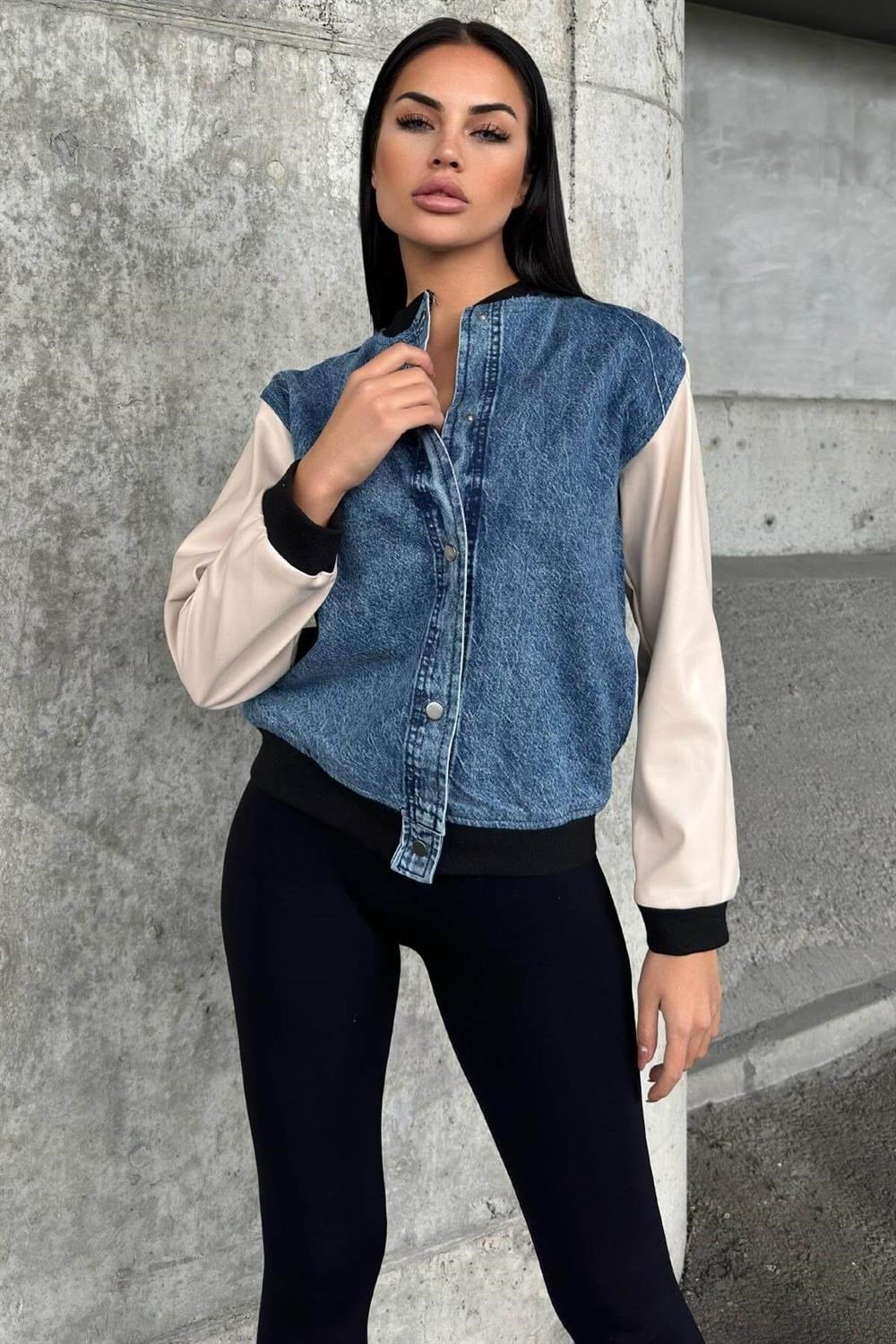 Mavi Denim Kolları Deri Ve Lastik Detaylı, Çıtçıtlı, Renk Bloklu, Bomber Kot Ceket