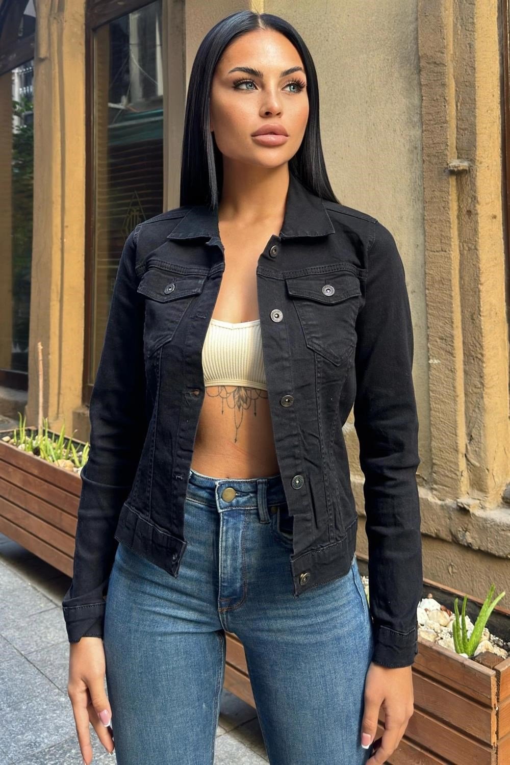 Siyah Dar Kesim, Cepli, Düğmeli, Denim Kot Ceket