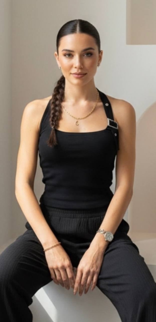 HALTER YAKA DEMİR TOKA DETAYLI CROP TOP BODY