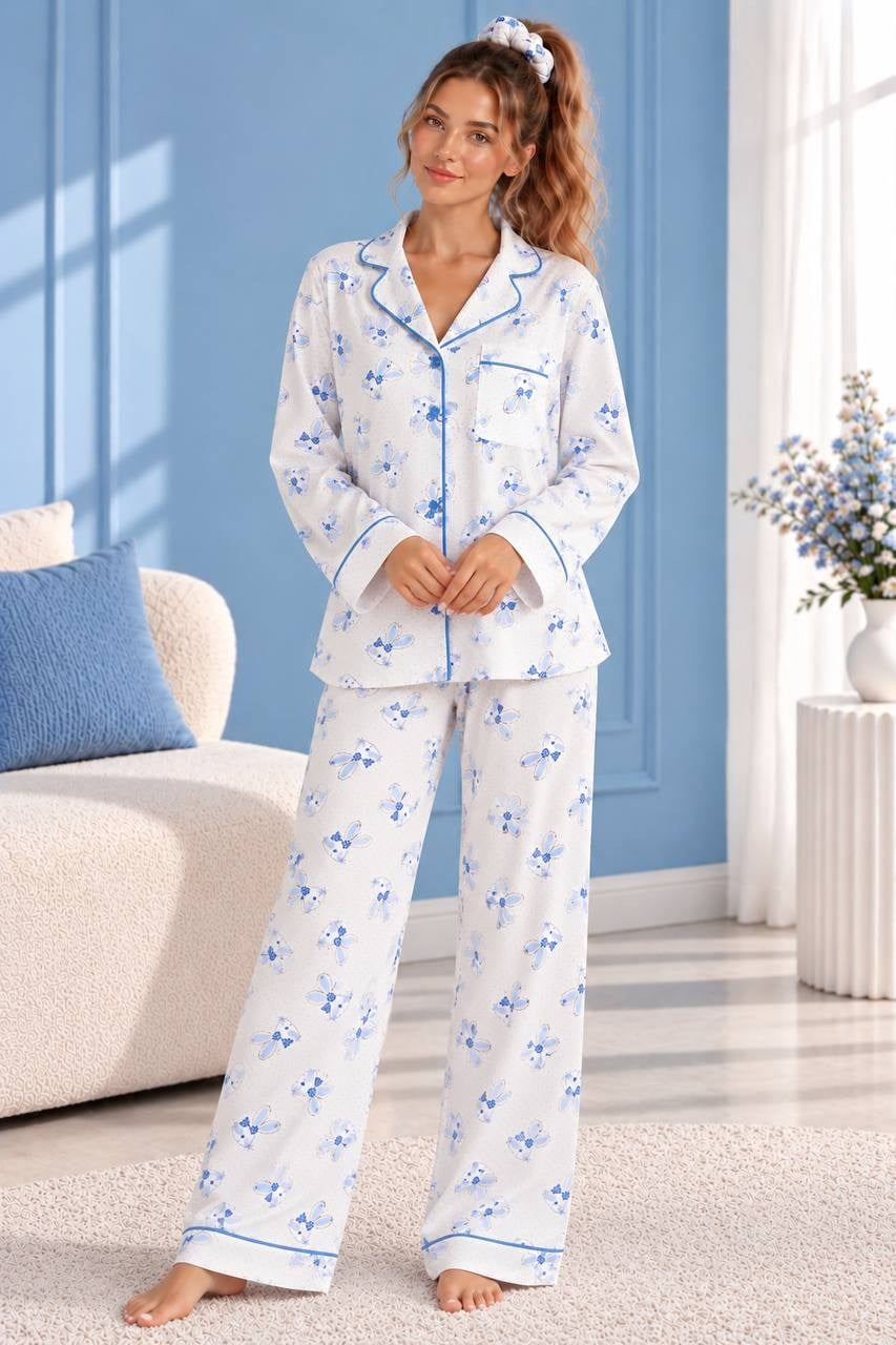 Tavşan Desenli Gömlek Yakalı Beyaz/mavi Kadın Pijama Takımı