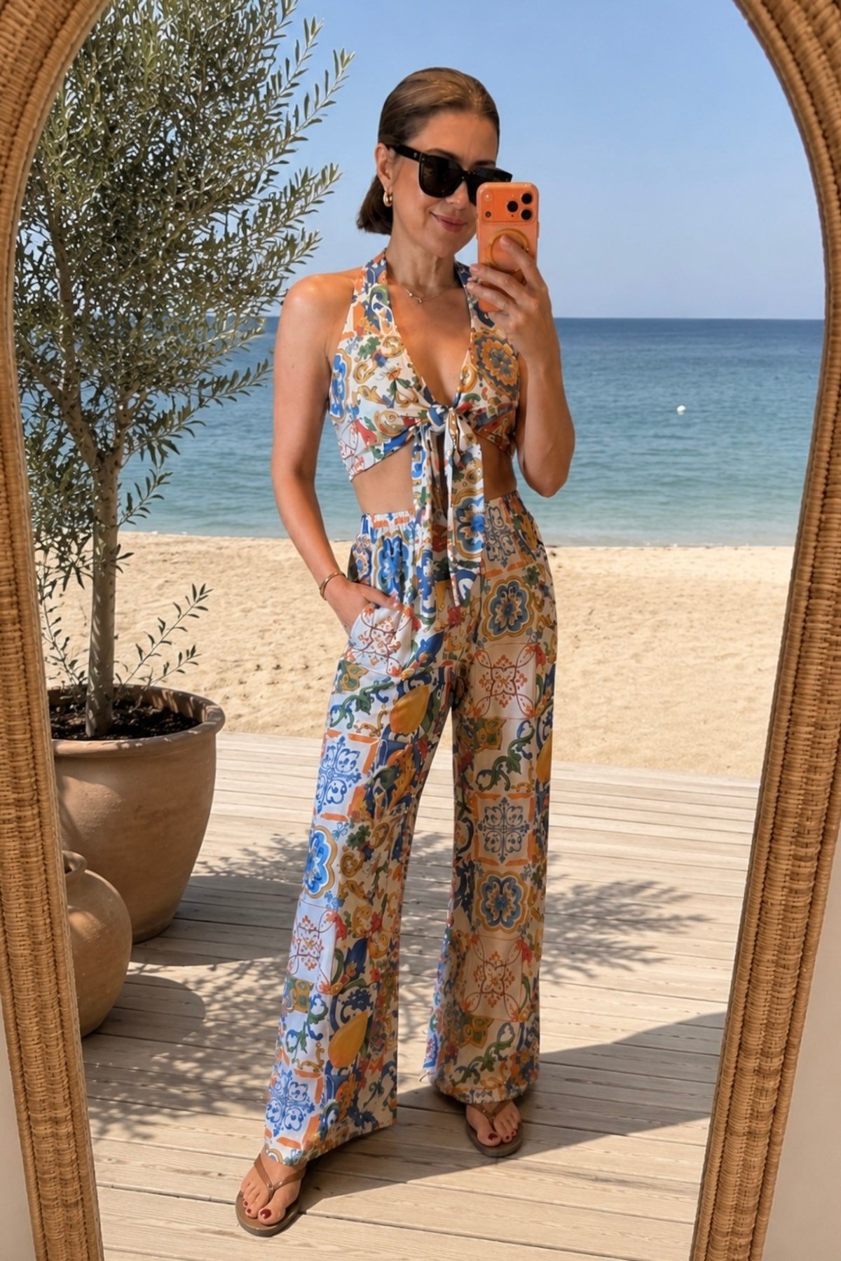 Amalfi halter yaka bağlamalı çok renkli pantolon büstiyer takım