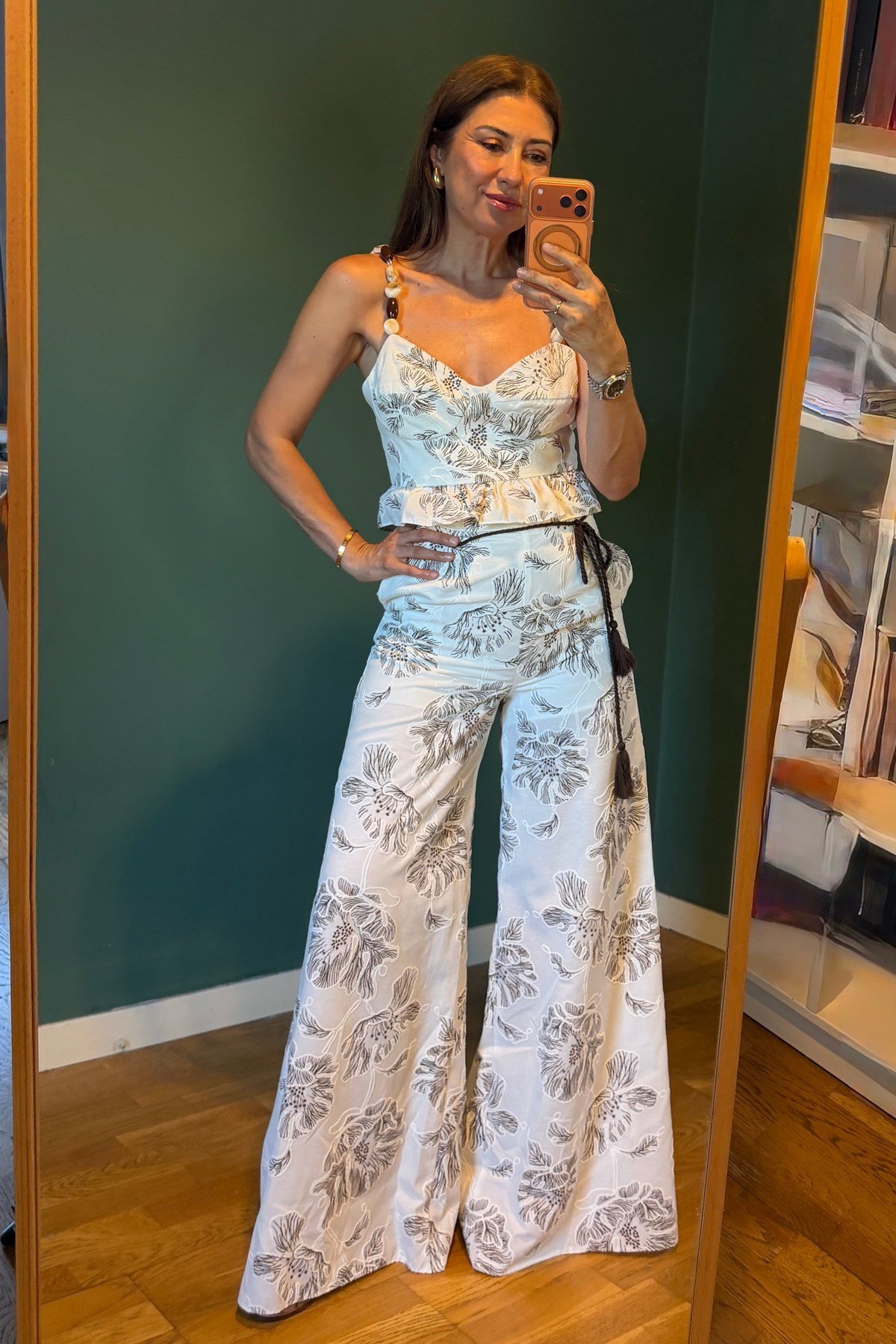 Boncuk askılı peplum bluz - pantolon takım