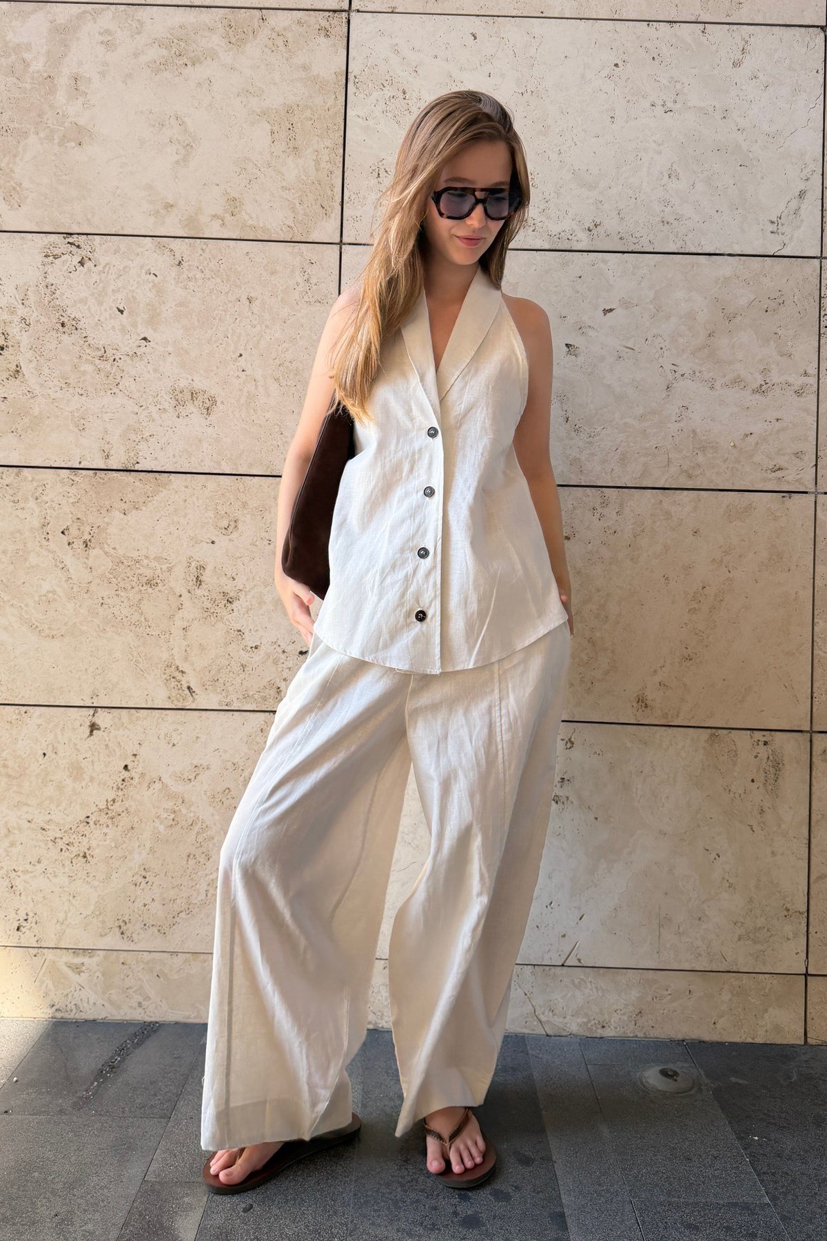 Halter yaka keten yelek - pantolon takım