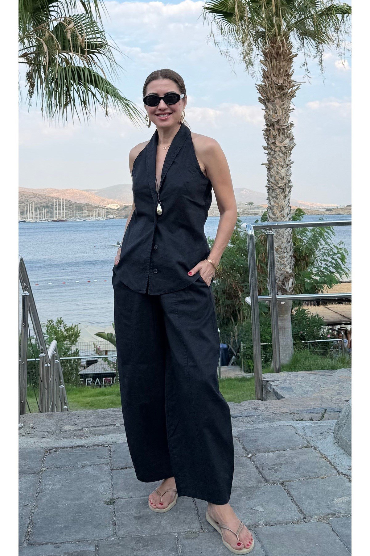 Halter yaka keten yelek - pantolon takım