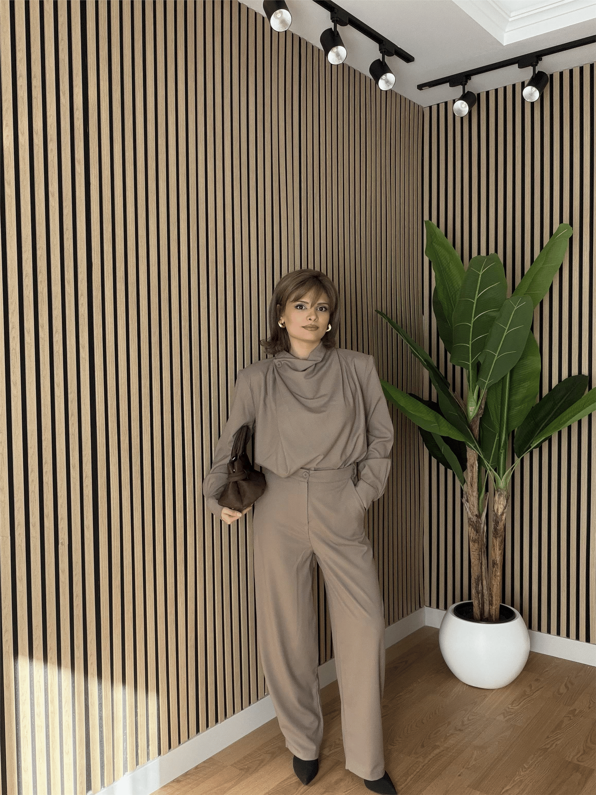 Dökümlü Bluz Pantolon Takım Vizon