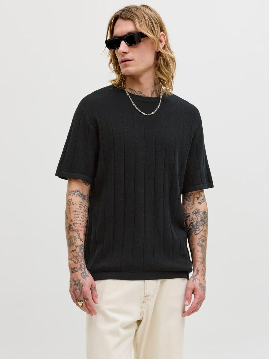 Jack&Jones JJEBRADLEY KNIT TEE SS LN Siyah Erkek T-Shirt