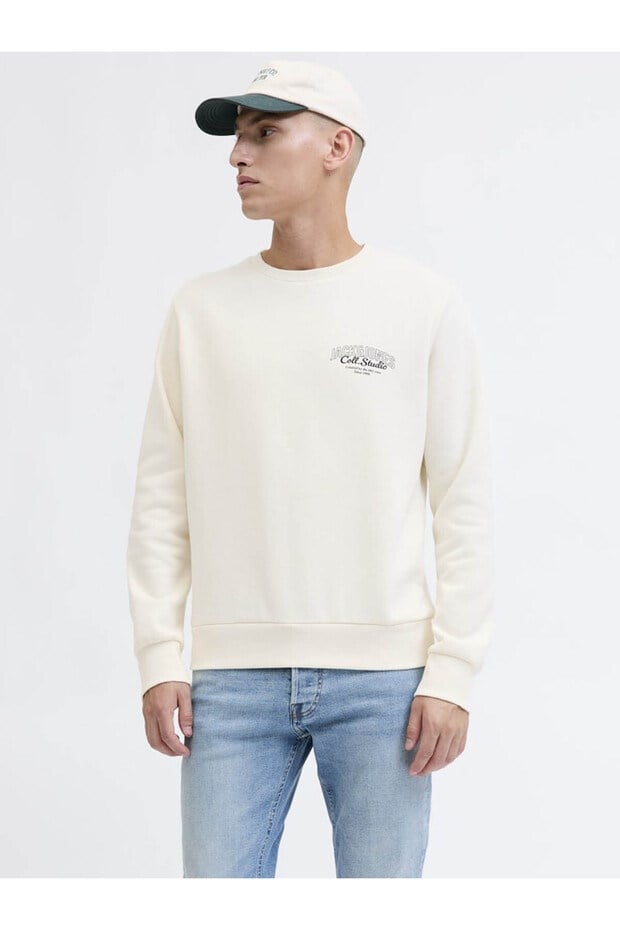 Jack&Jones JJMAKOTO SWEAT CREW NECK Kırık Beyaz Erkek Sweatshirt