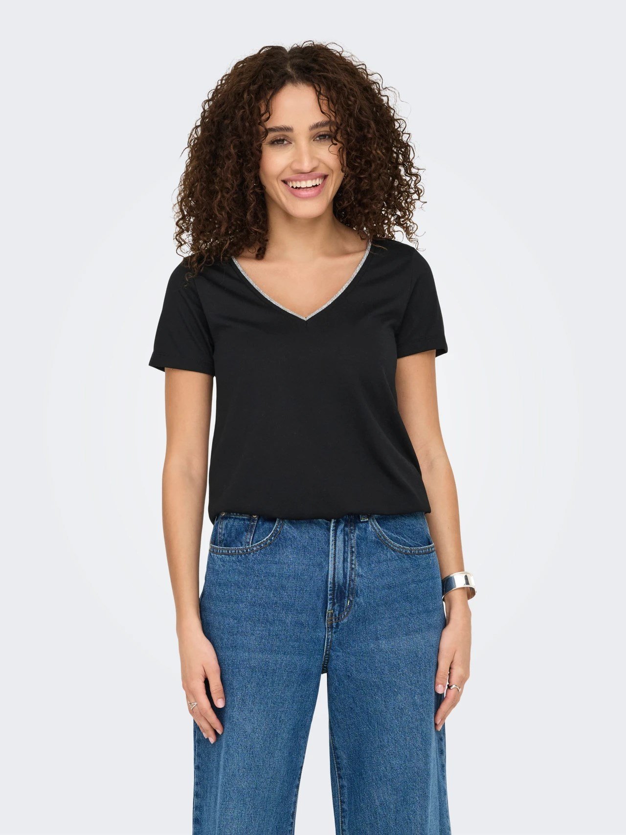 Jdy JDYDALILA S/S V- NECK LUREX TOP JRS ATK Siyah Kadın Bluz