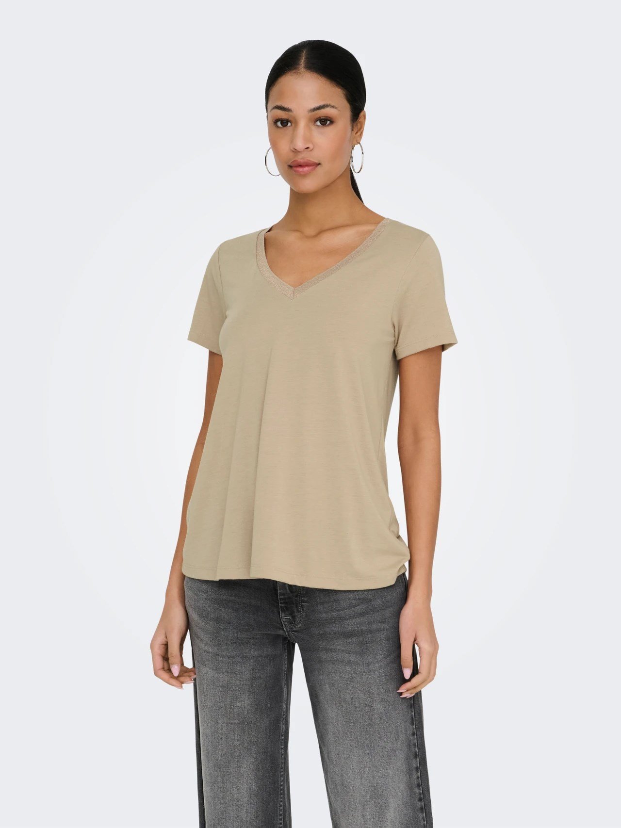 Jdy JDYDALILA S/S V- NECK LUREX TOP JRS ATK Kahverengi Kadın Bluz