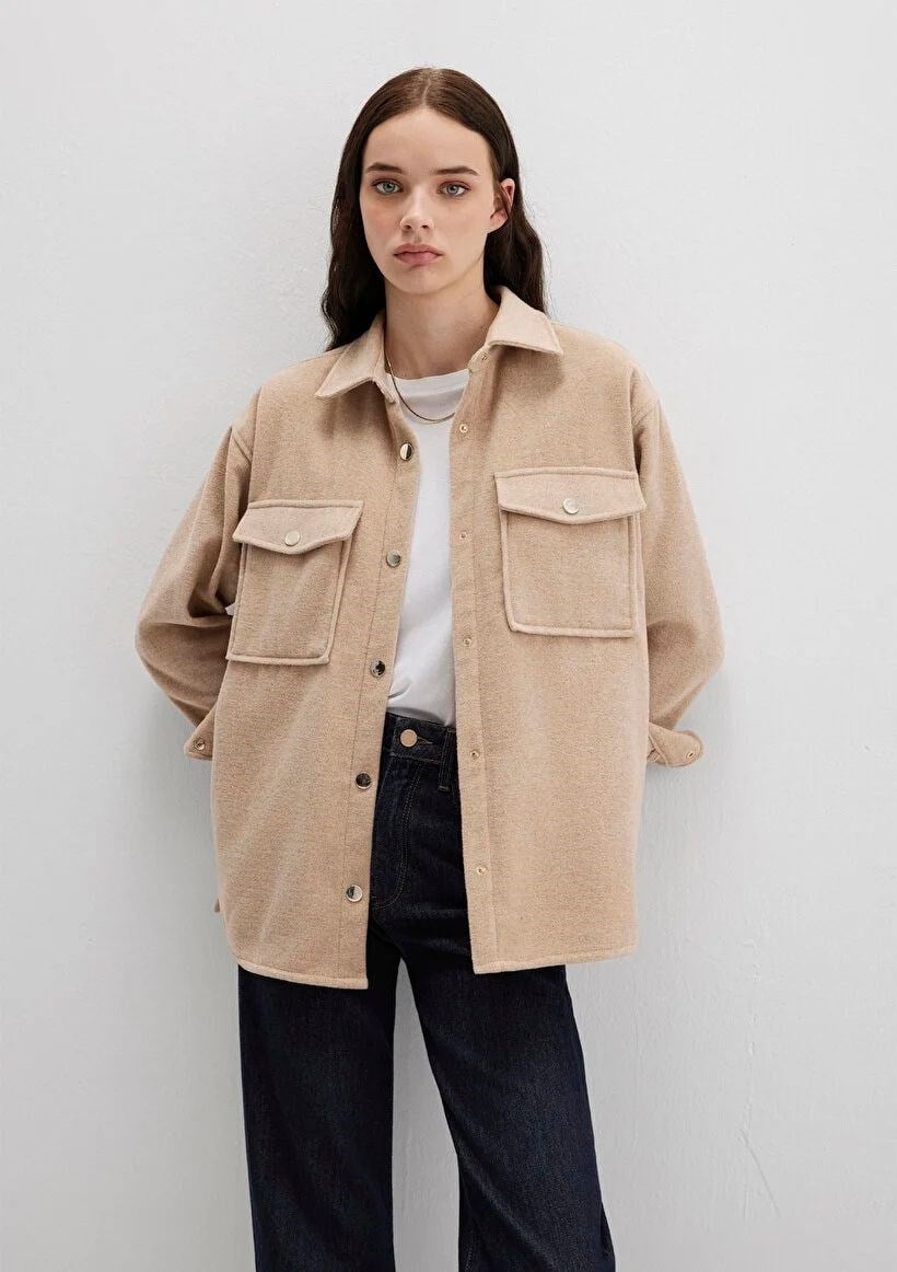 Mavi DOKUMA OVERSHiRT Yulaf Melanj Bej Kadın Gömlek