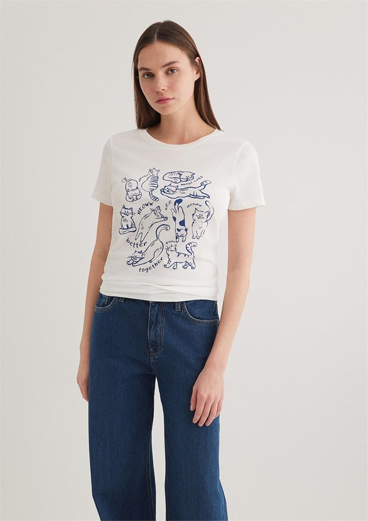 Mavi KEDi BASKiLi GRAFiK TİŞÖRT Kirik Beyaz Beyaz Kadın T-Shirt