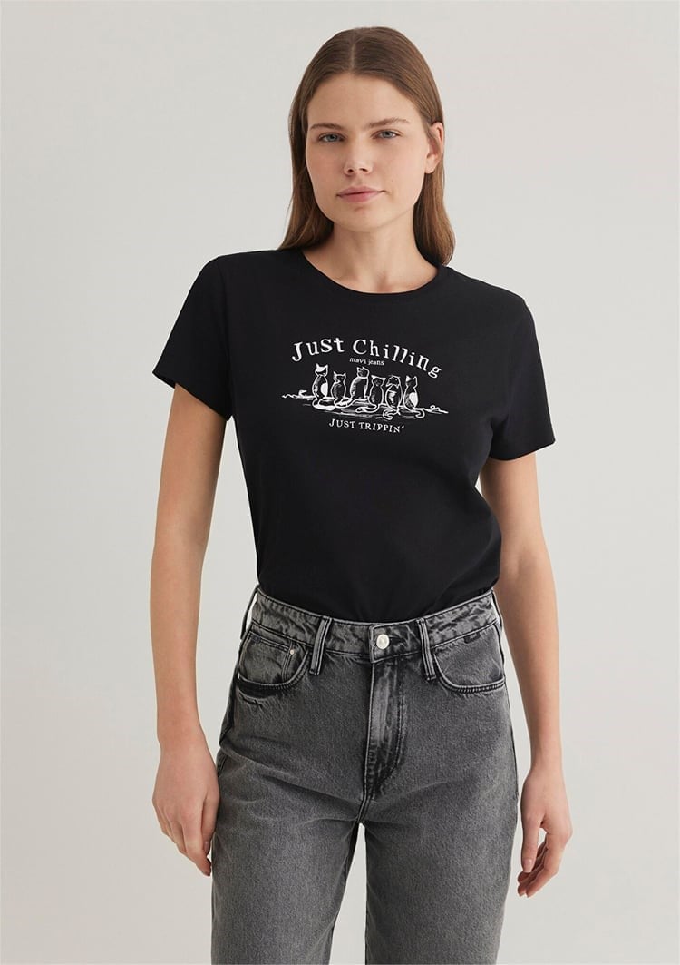 Mavi KEDi BASKiLi GRAFiK TİŞÖRT Siyah Siyah Kadın T-Shirt