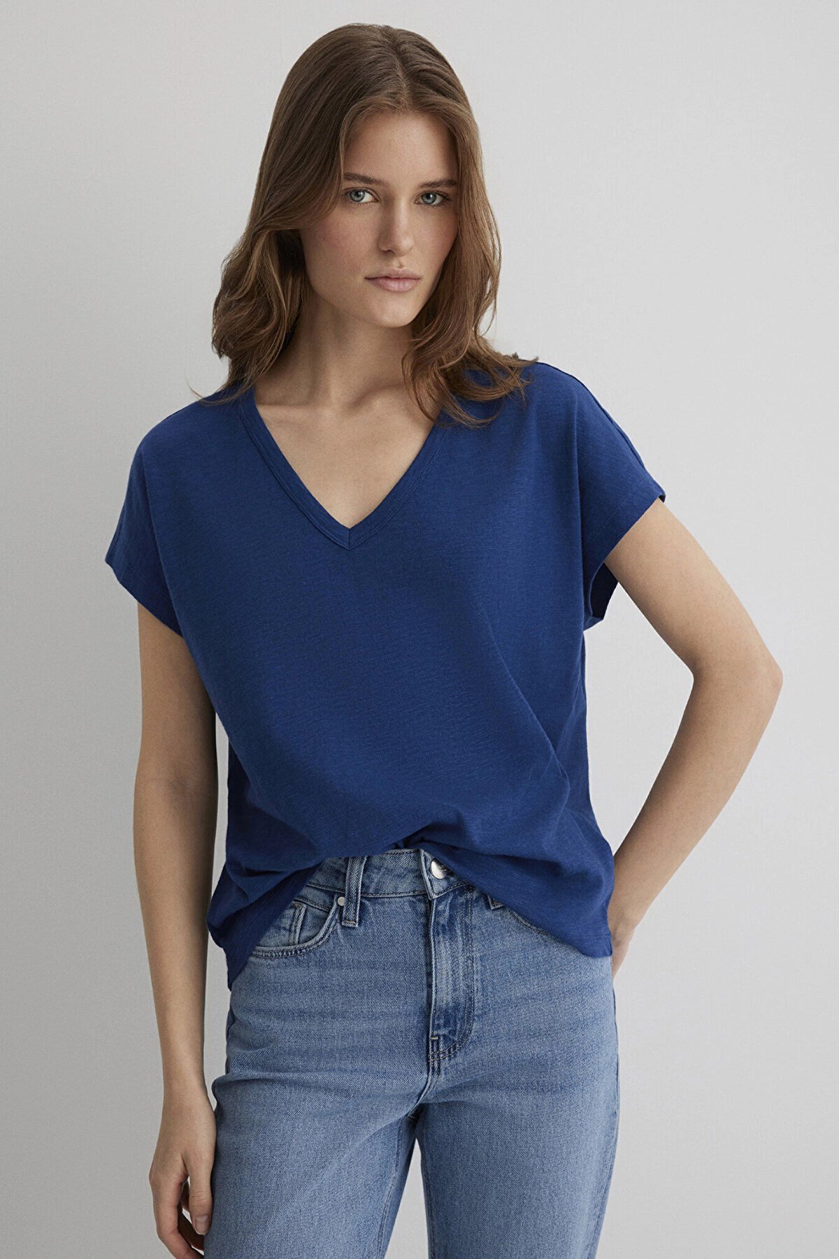 Mavi KiSA KOLLU BASiC Gece Mavi Lacivert Kadın T-Shirt