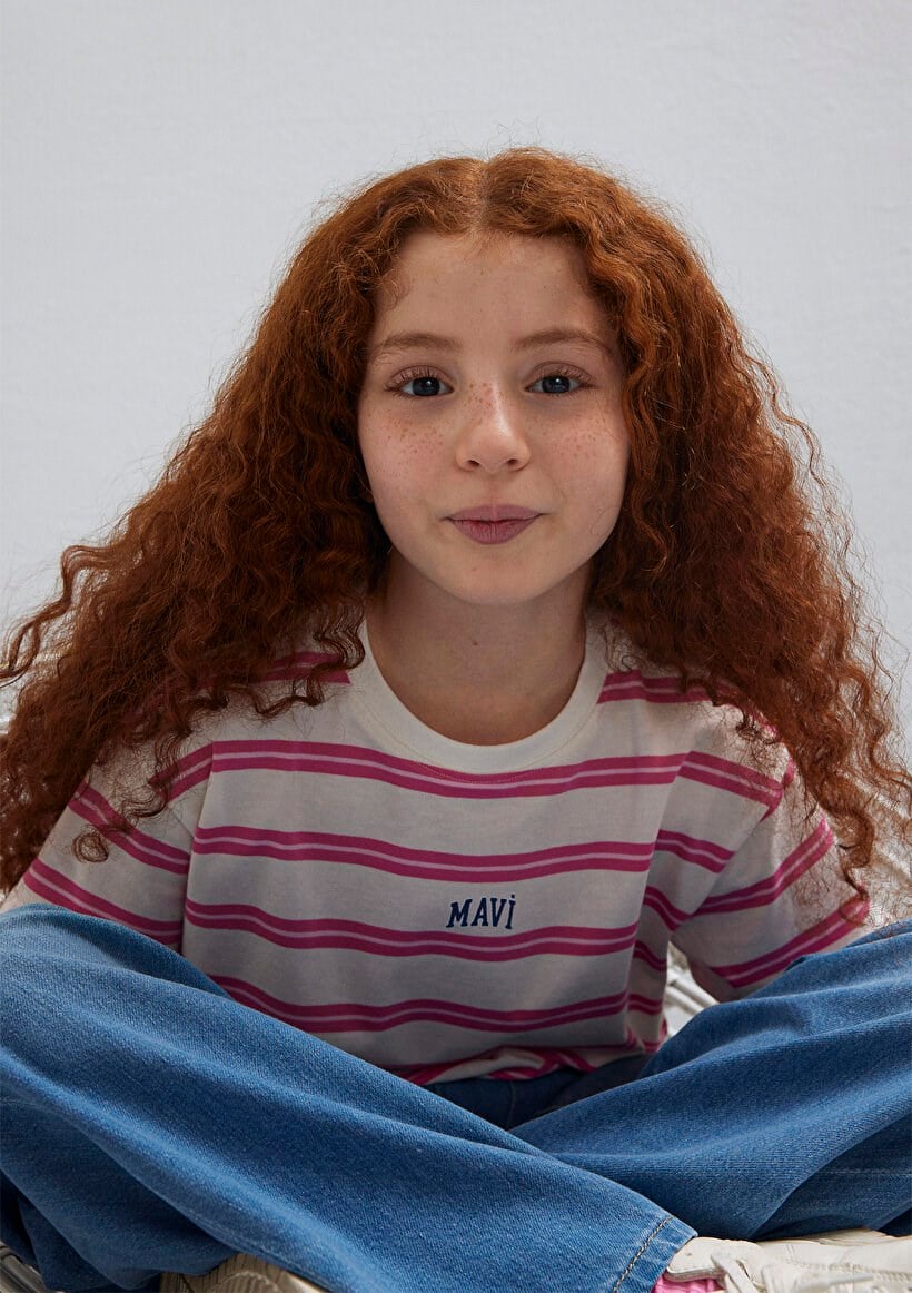 Mavi MAVI LOGO BASKILI ÇİZGİLİ CROP Gri Kız Çocuk T-Shirt