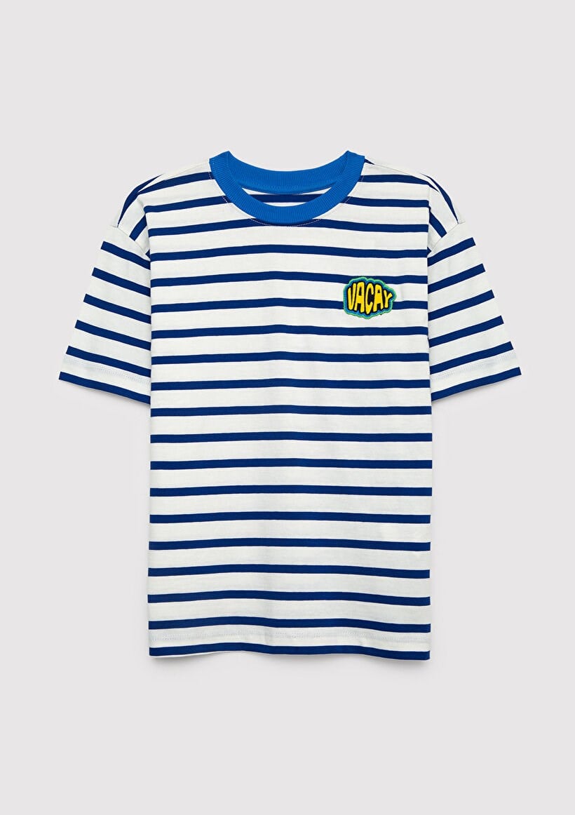Mavi MAVİ STİCKER BASKILI ÇİZGİLİ TİŞÖRT Maza Mavi Erkek Çocuk T-Shirt