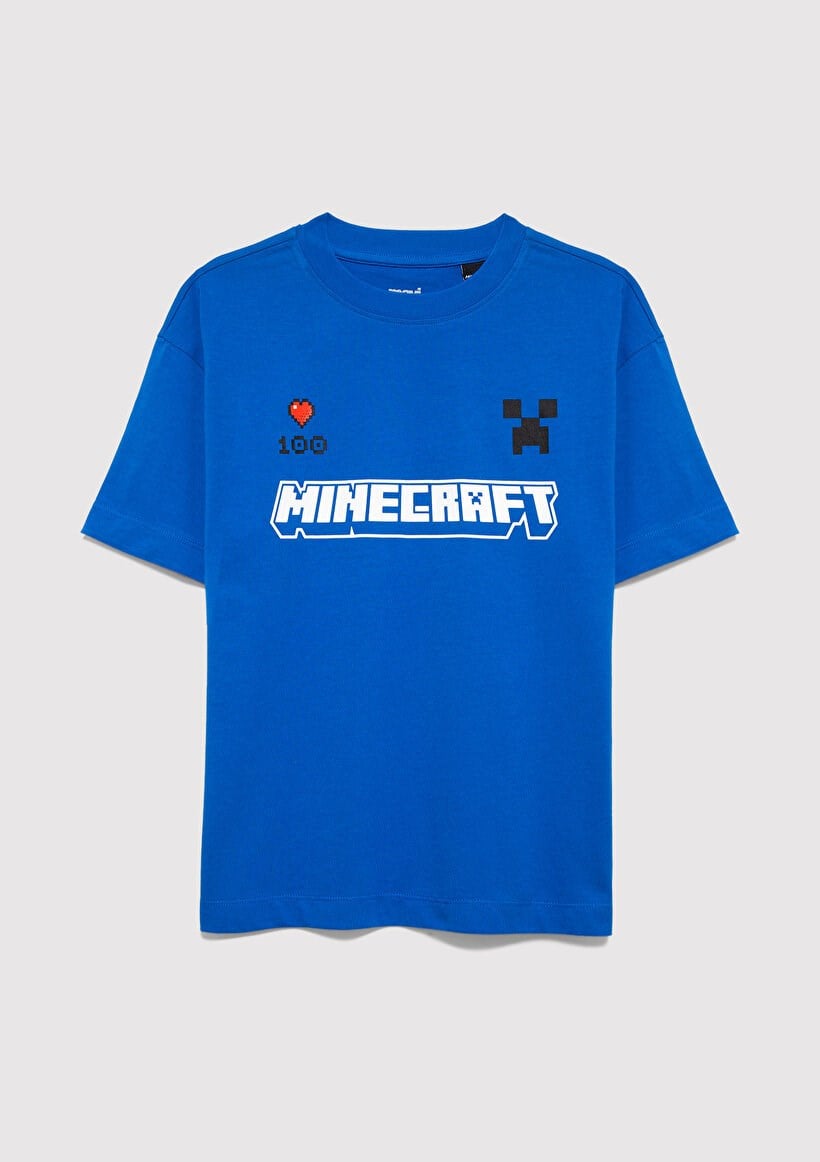 Mavi MINECRAFT BASKILI TİŞÖRT Koyu Gök Mavi Lacivert Erkek Çocuk T-Shirt