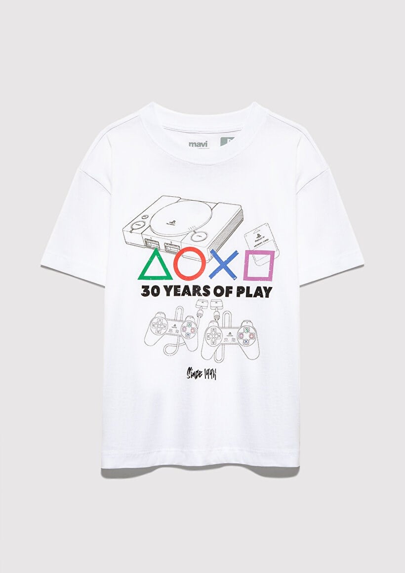 Mavi PLAYSTATION 30 YEARS OF PLAY BASKILI TİŞ Beyaz Erkek Çocuk T-Shirt