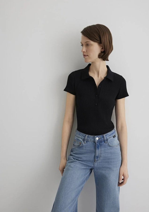 Mavi POLO YAKA PENYE Siyah Siyah Kadın T-Shirt