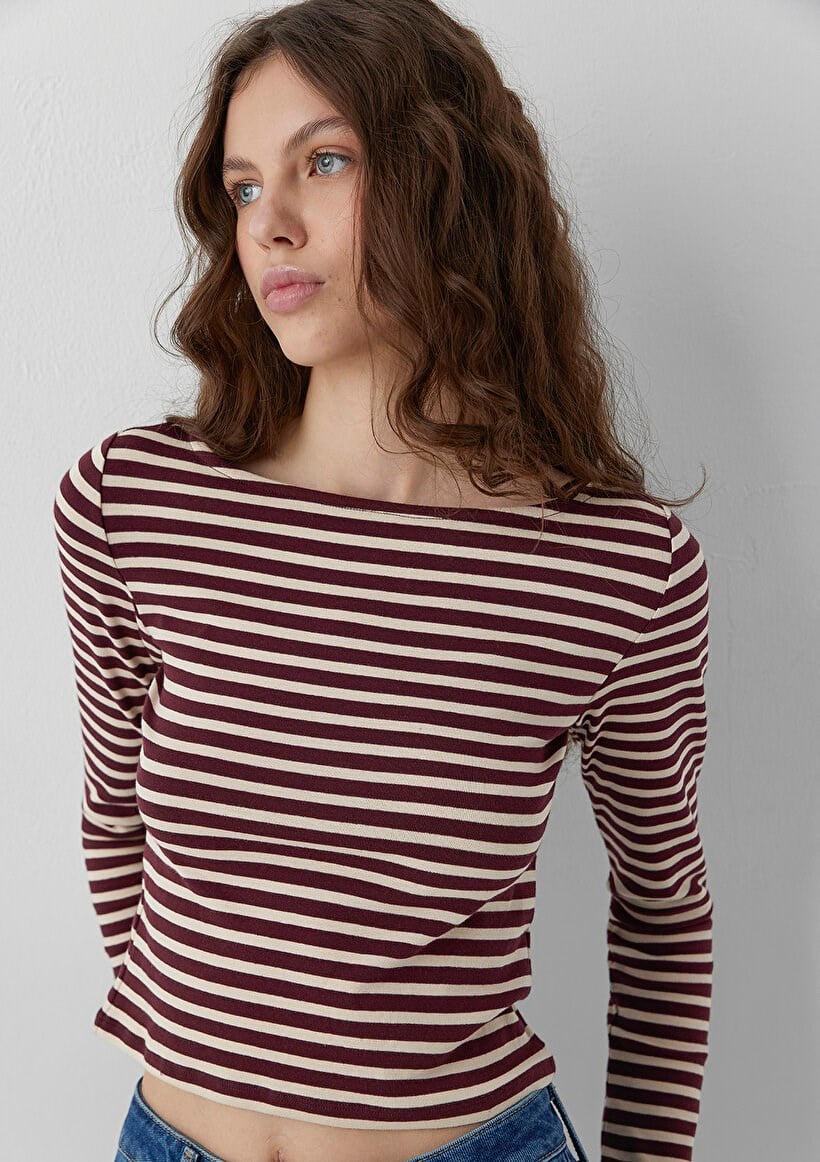 Mavi UZUN KOLLU PENYE  Fig Stripe Bordo Kadın T-Shirt