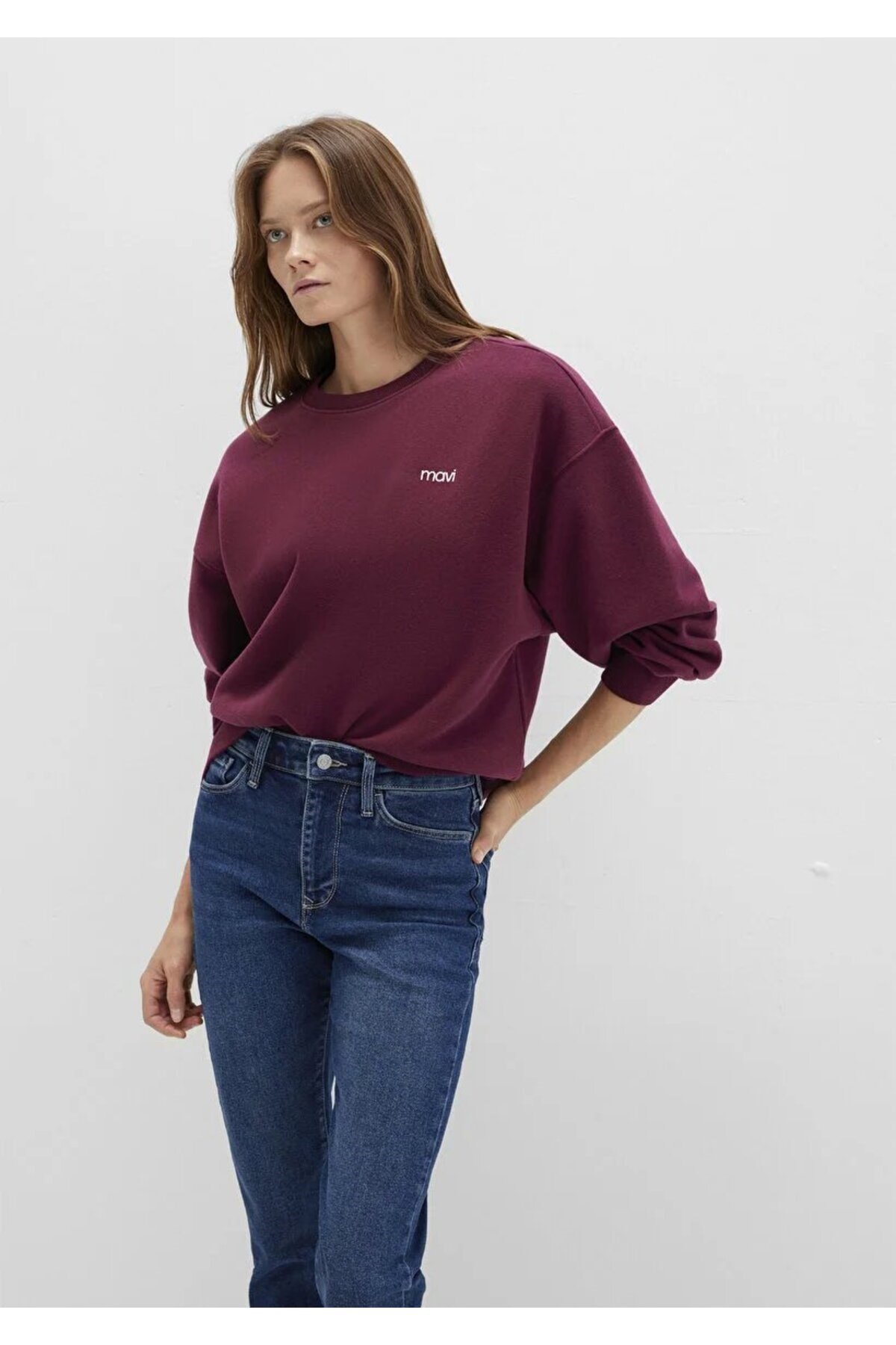 Mavi YUVARLAK YAKA LOGO SWEATSHiRT Maroon Ban Mürdüm Kadın Sweatshirt