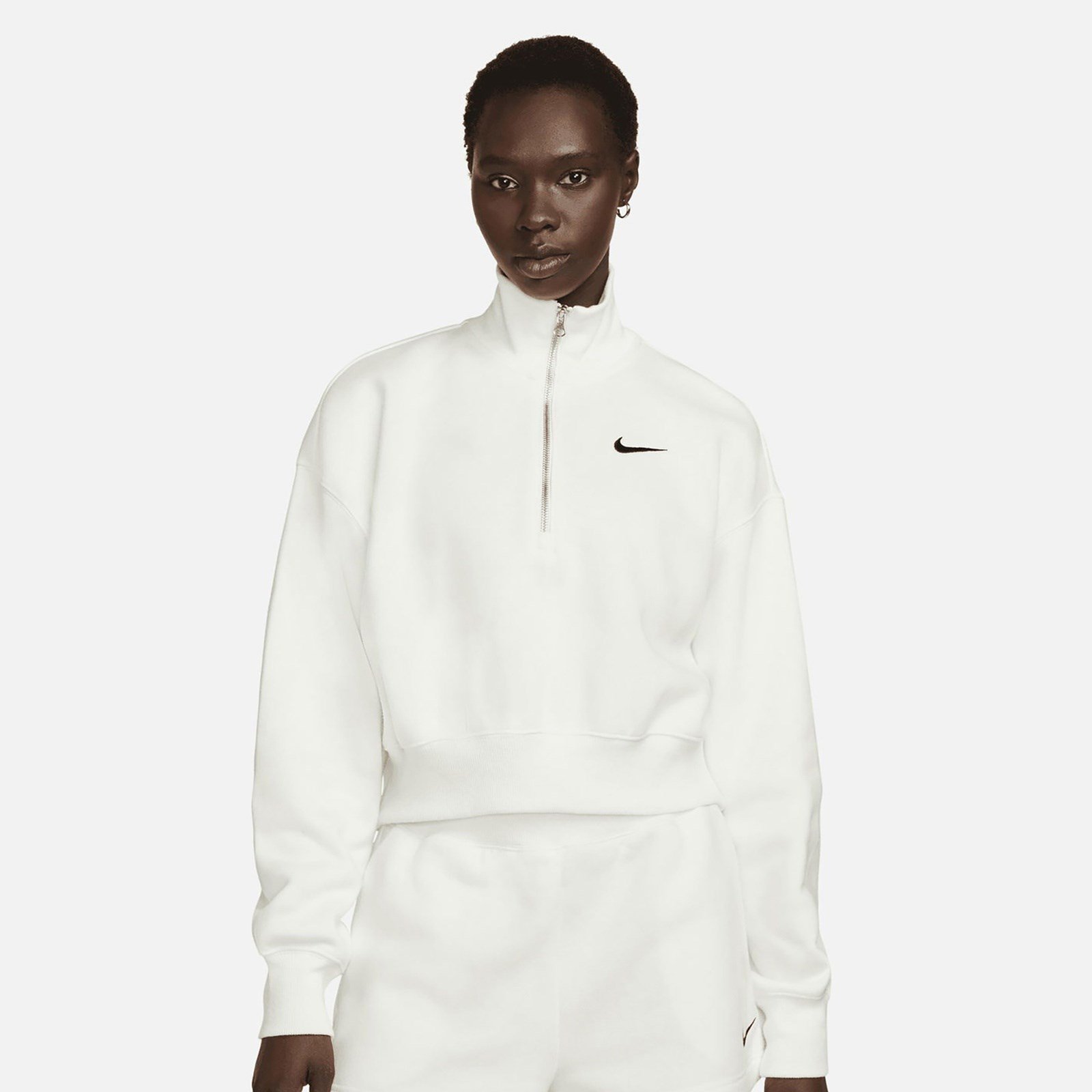 Nike W NSW PHNX FLC QZ CROP Beyaz Kadın T-Shirt