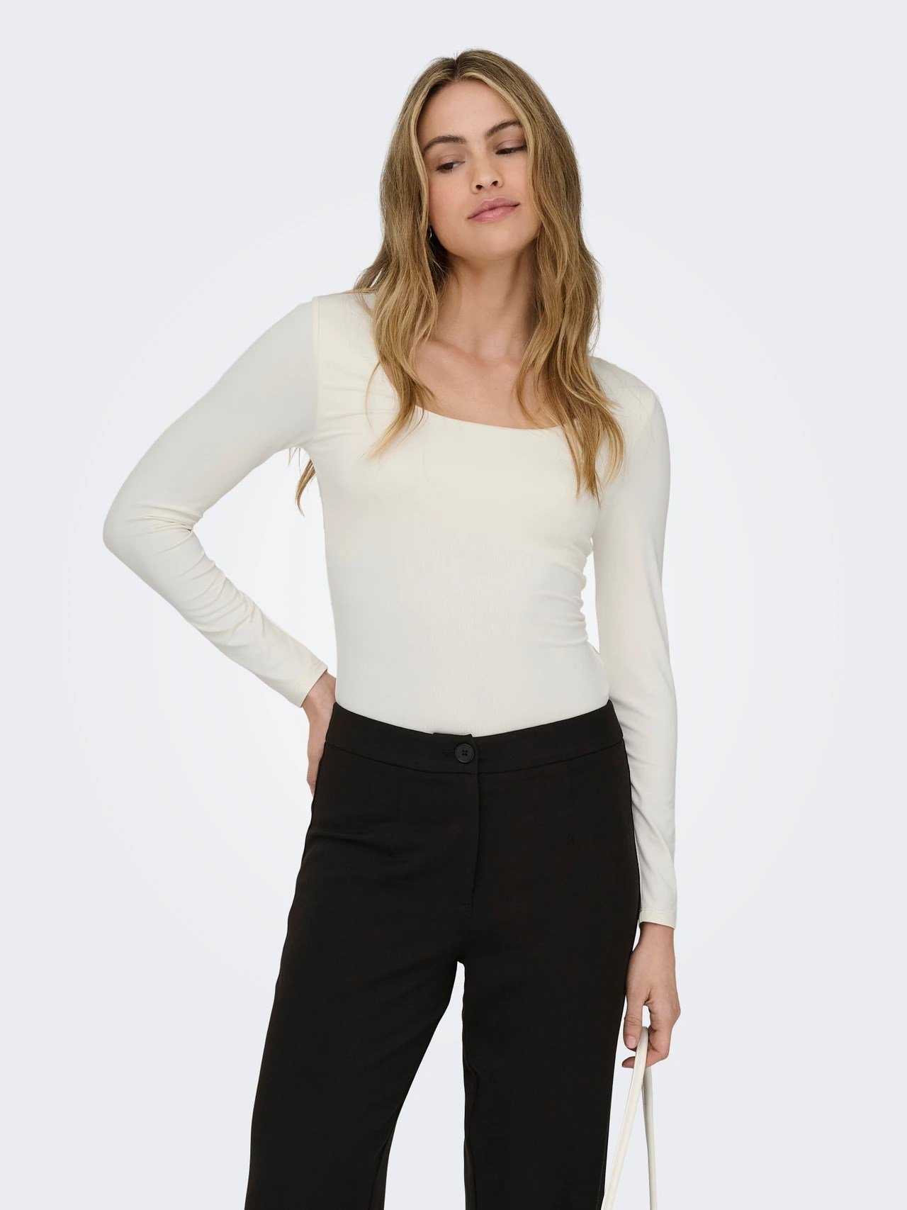 Only ONLEA L/S 2-WAY DEEP NECK TOP JRS NOOS Beyaz Kadın T-Shirt