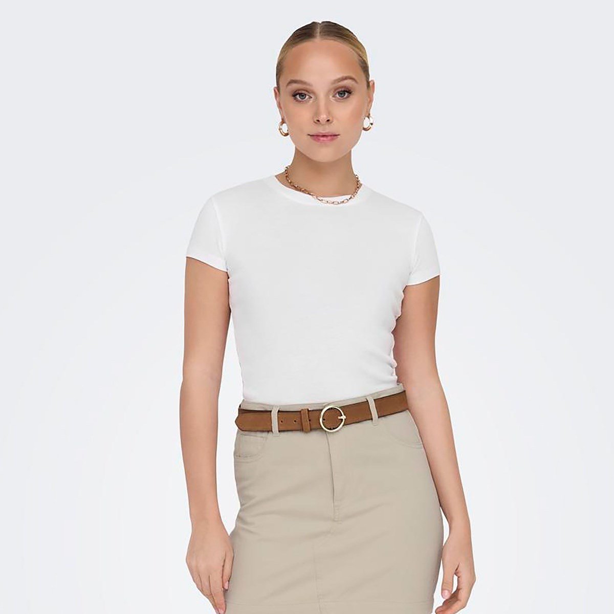 Only ONLELINA S/S O-NECK SHORT TOP JRS NOOS Beyaz Kadın T-Shirt