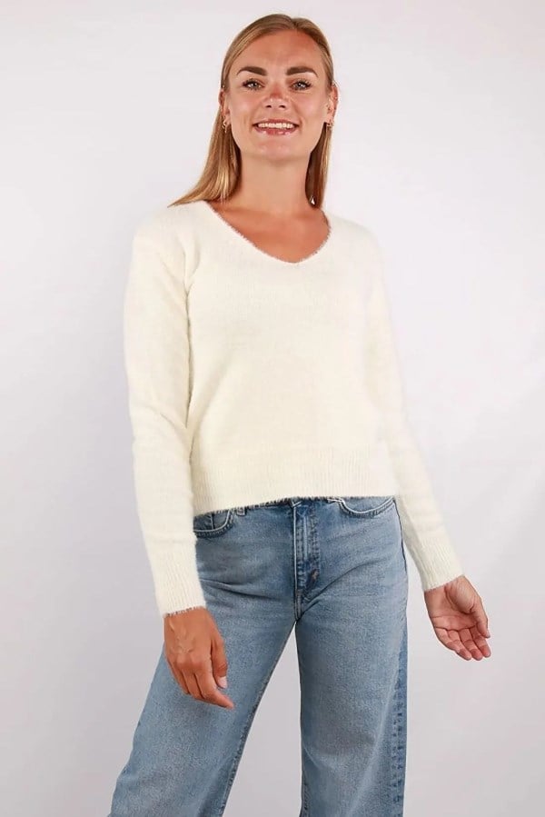 Only ONLELLA PIUMO LS V-NECK KNT Beyaz Kadın Kazak