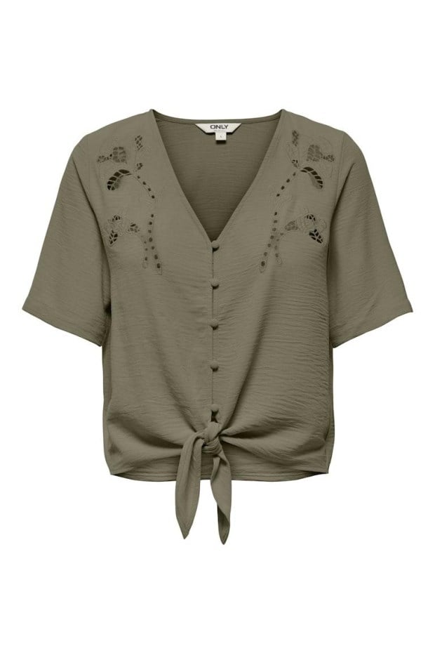 Only ONLEVALOU METTE 2/4 KNOT TOP WVN Haki Kadın Bluz