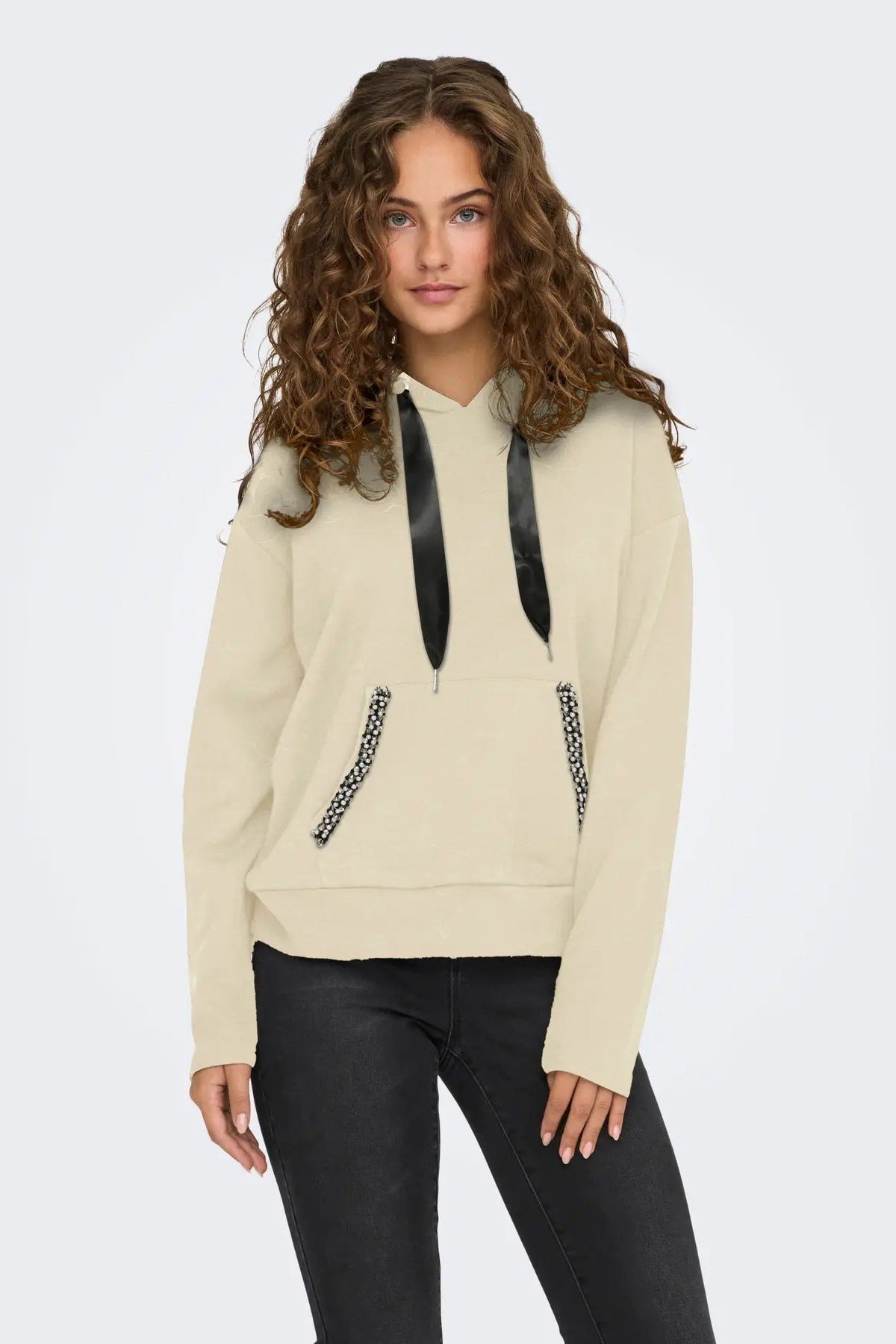 Only ONLFANCY L/S HOOD STRING SWT Bej Kadın Sweatshirt