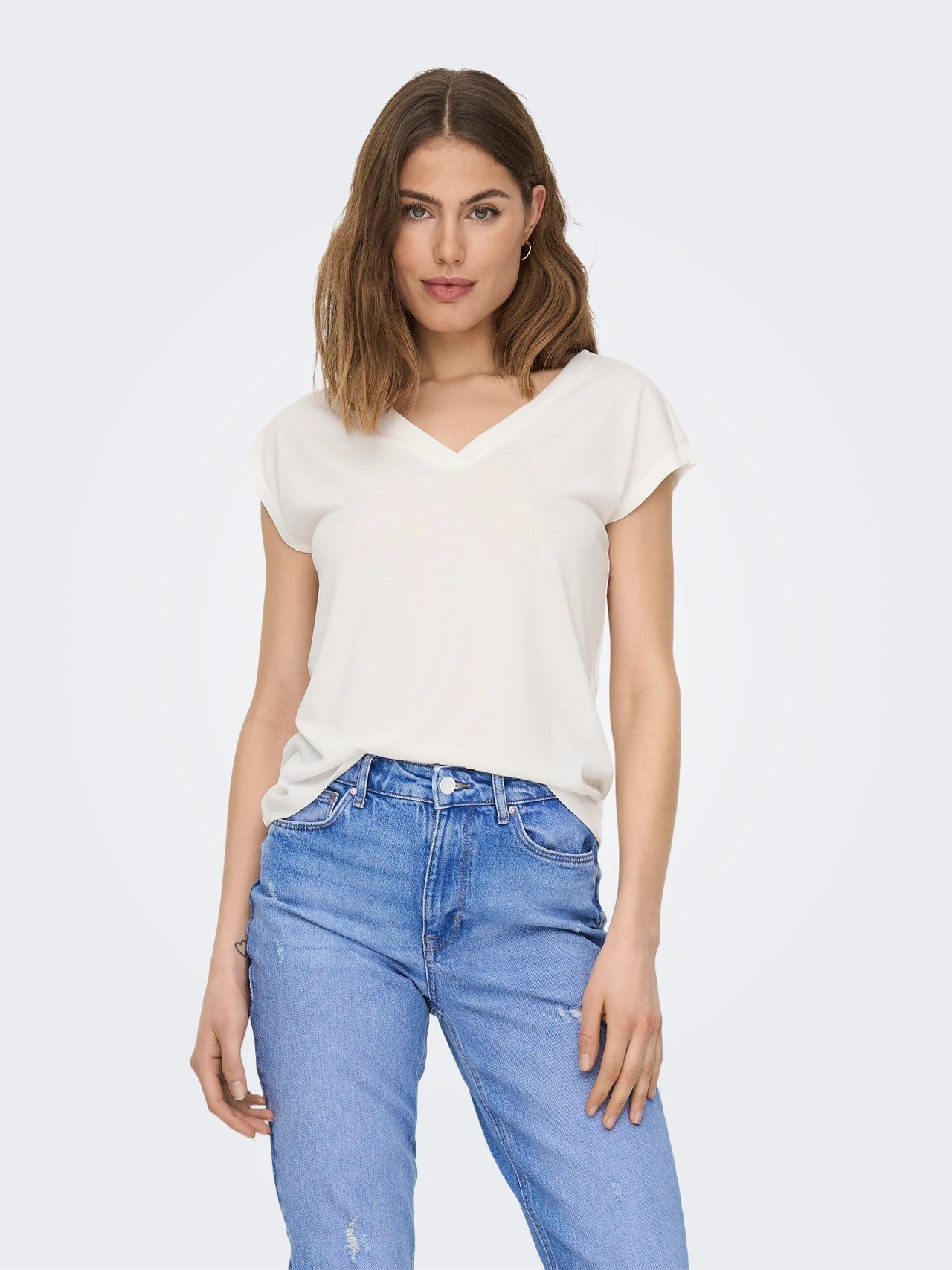 Only ONLFREE S/S MOD.V-NECK TOP JRS NOOS Beyaz Kadın T-Shirt