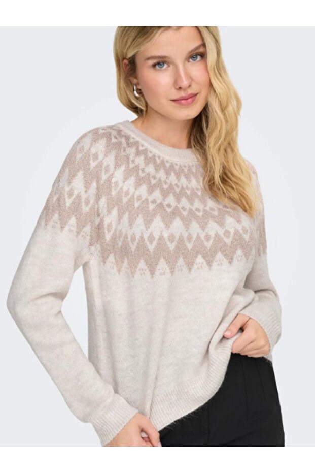 Only ONLFRY LS JQ GLITTER O-NECK CC KNT Bej Kadın Kazak