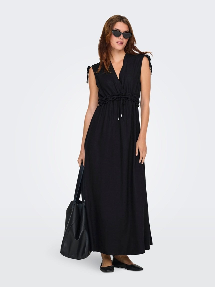 Only ONLGOA SL LINEN BL LONG DRESS CC PNT Siyah Kadın Elbise