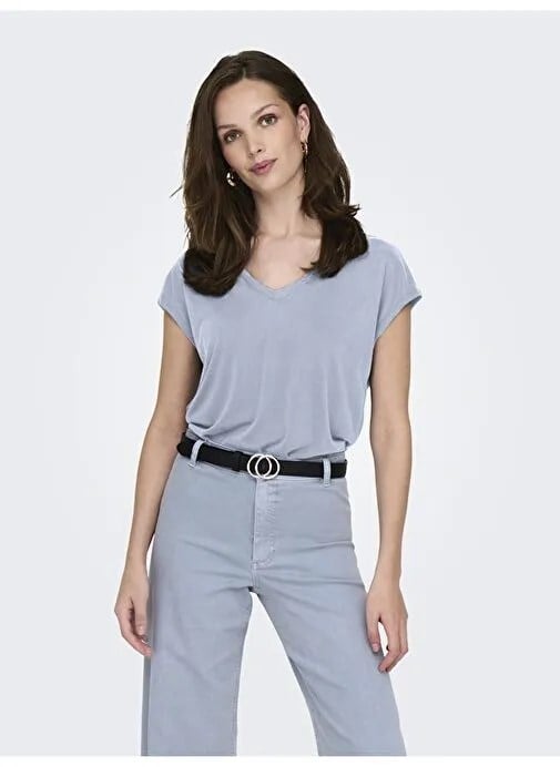 Only ONLHANNAH S/S V-NECK TOP CC JRS Açık Mavi Kadın T-Shirt