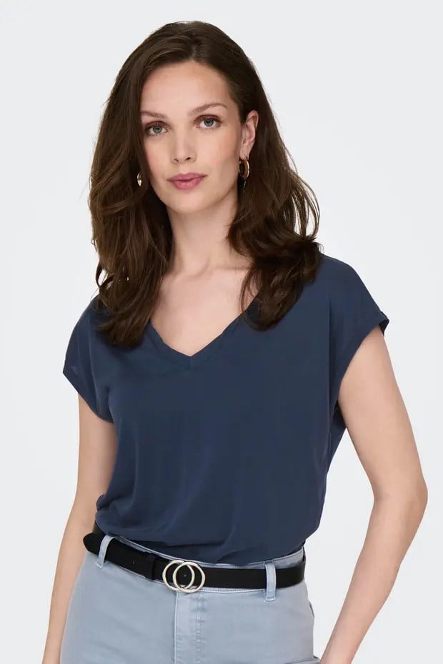 Only ONLHANNAH S/S V-NECK TOP CC JRS Lacivert Kadın T-Shirt