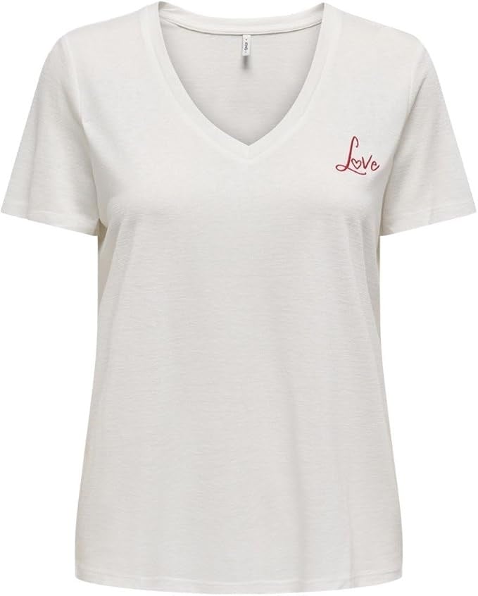 Only ONLNEW BELLE S/S LOVE V-NECK TOP BOX JRS Beyaz Kadın T-Shirt