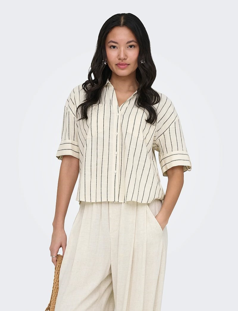 Only ONLTIZANA STRIPE S/S SHIRT WVN NOOS Bej Kadın Gömlek