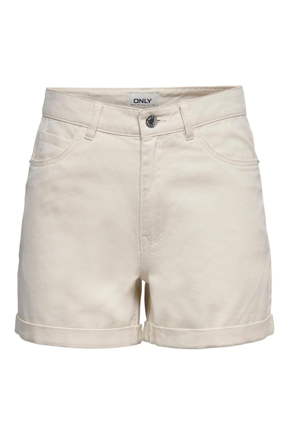 Only ONLVEGA HW MOM DNM SHORTS NOOS Bej Kadın Şort