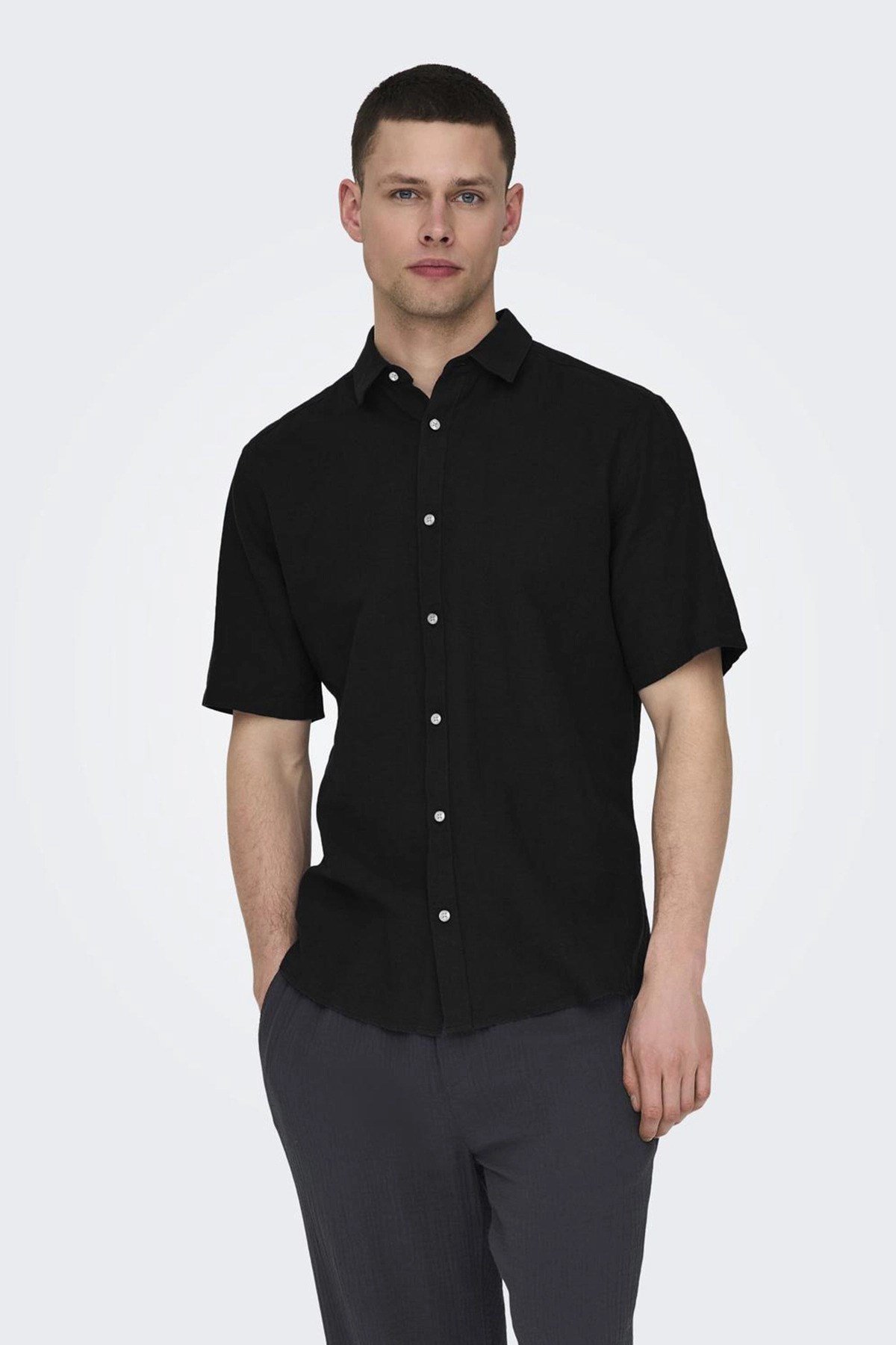 Only&Sons ONSCAIDEN LIFE SS SOLID LINEN BLEND NOOS Siyah Erkek Gömlek