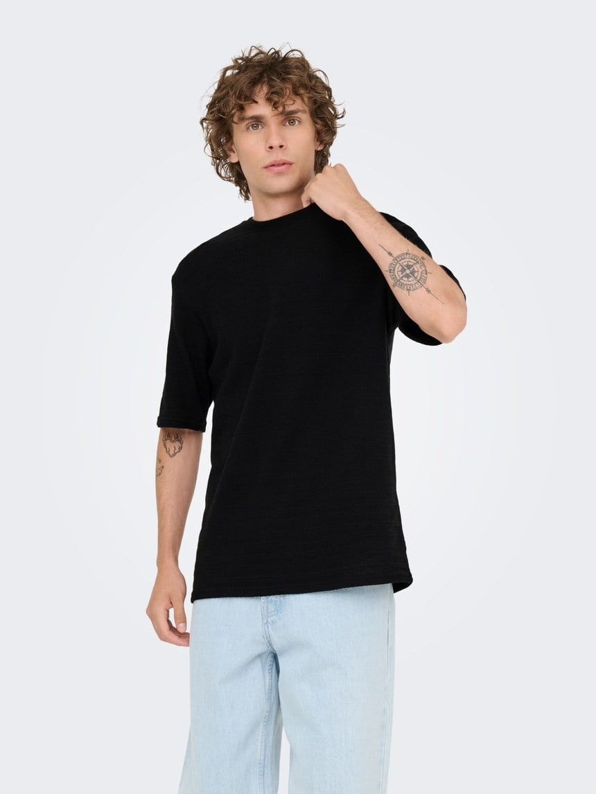 Only&Sons ONSGIVO REG 12 SS CREW KNIT NOOS Siyah Erkek T-Shirt