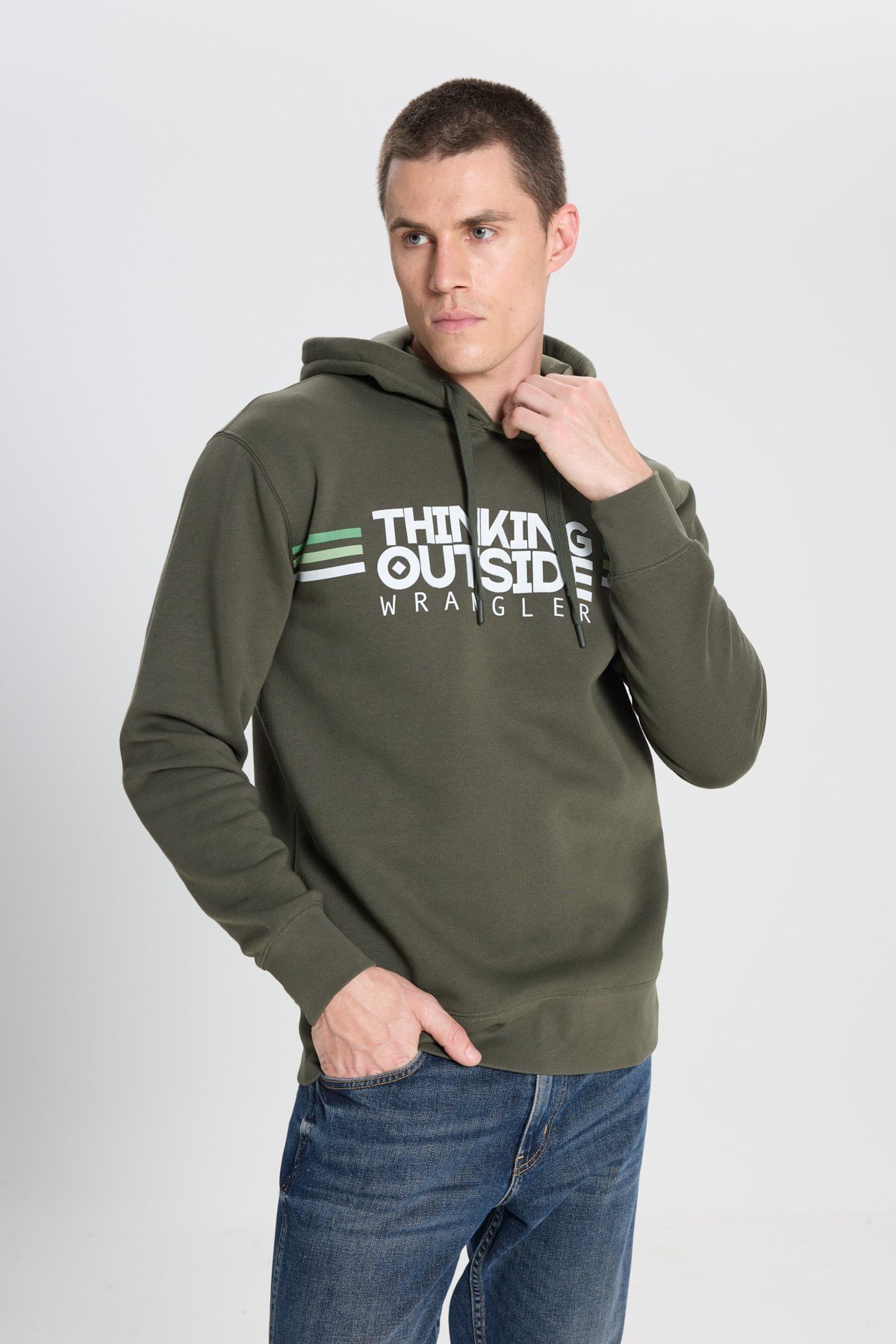 Wrangler Grafik Logolu Kapüşonlu Sweatshirt Haki Erkek Sweatshirt